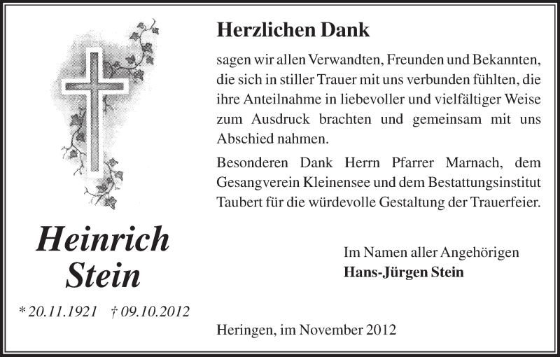  Traueranzeige für Heinrich Stein vom 11.11.2012 aus etm