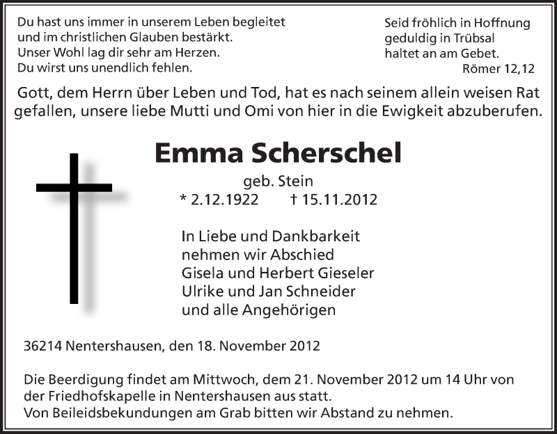  Traueranzeige für Emma Scherschel vom 18.11.2012 aus etm