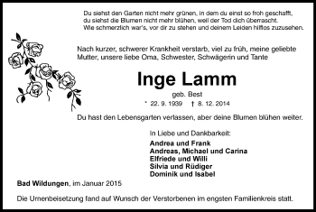 Traueranzeige von Inge Lamm von HNA