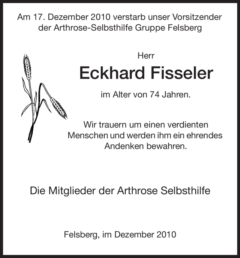  Traueranzeige für Eckhard Fisseler vom 22.12.2010 aus HNA
