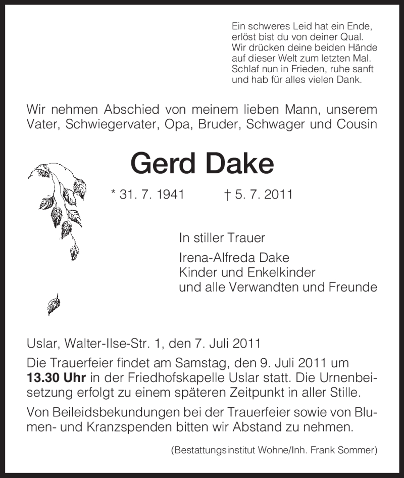 Traueranzeige für Gerd Dake vom 07.07.2011 aus HNA
