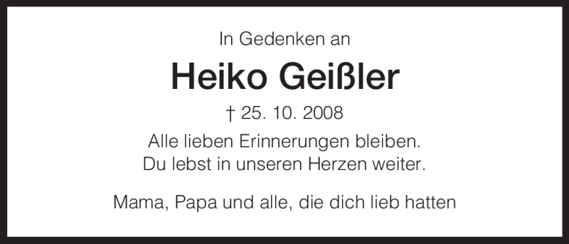  Traueranzeige für Heiko Geißler vom 25.10.2011 aus HNA