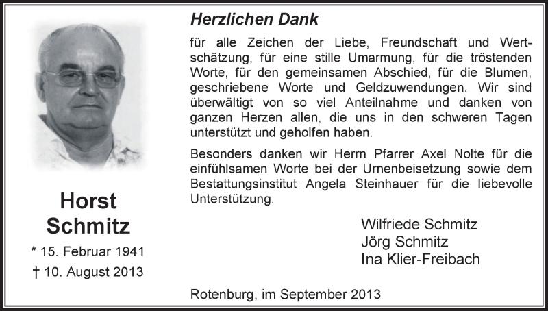  Traueranzeige für Horst Schmitz vom 08.09.2013 aus etm
