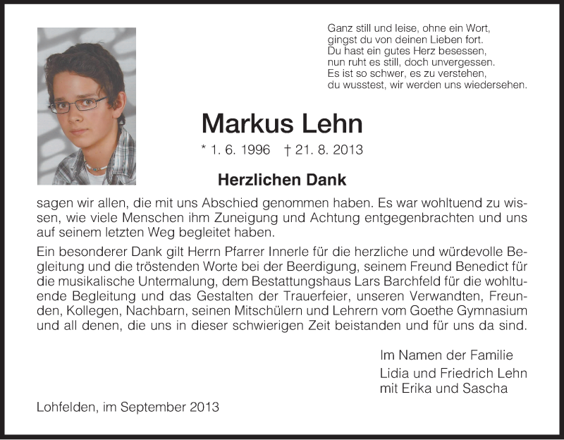  Traueranzeige für Markus Lehn vom 13.09.2013 aus etm