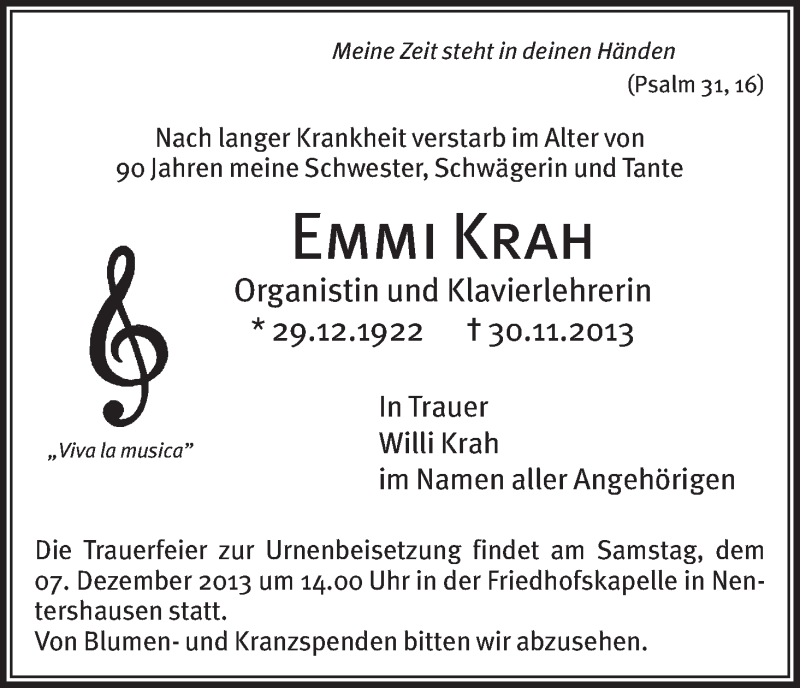  Traueranzeige für Emmi Krah vom 04.12.2013 aus etm