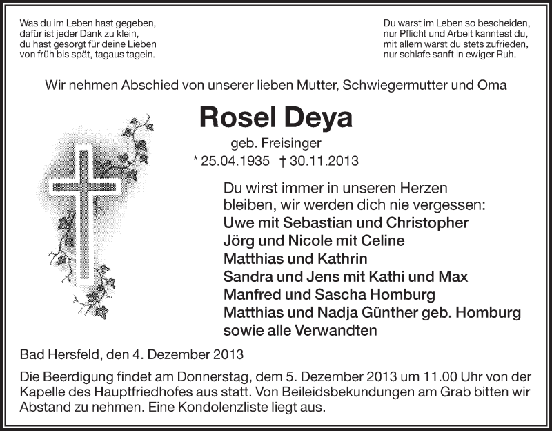  Traueranzeige für Rosel Deya vom 04.12.2013 aus etm