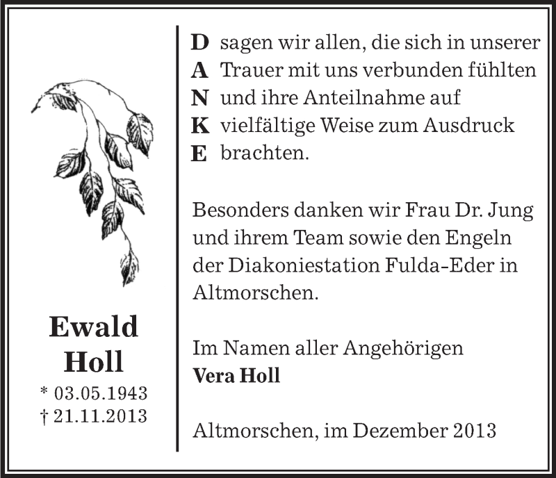  Traueranzeige für Ewald Holl vom 22.12.2013 aus etm