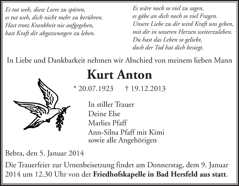  Traueranzeige für Kurt Anton vom 05.01.2014 aus etm
