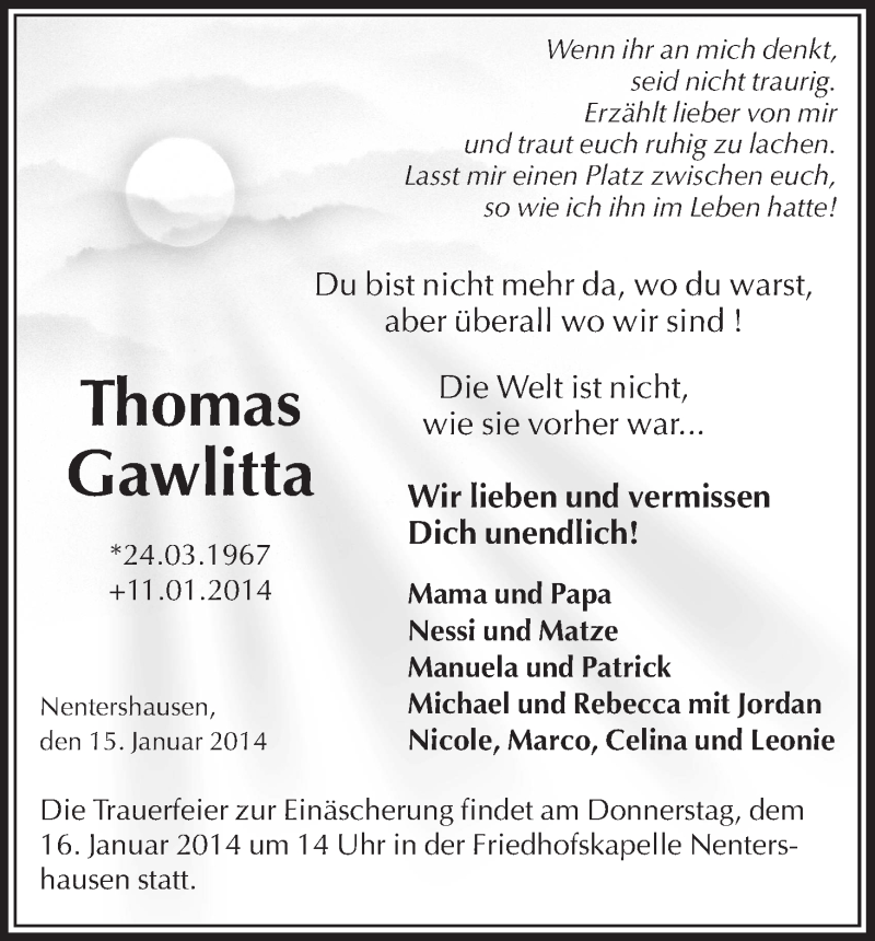  Traueranzeige für Thomas Gawlitta vom 15.01.2014 aus etm
