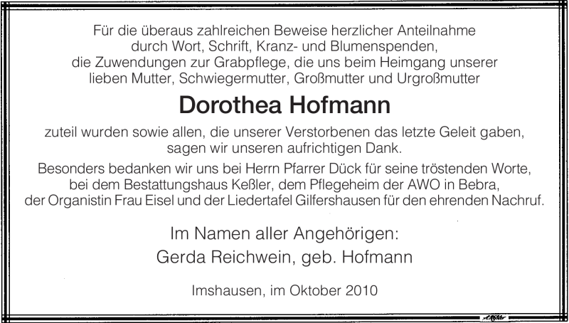 Traueranzeigen von Dorothea Hofmann | Trauer.HNA.de