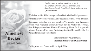 Traueranzeige von Anneliese Becker von HNA