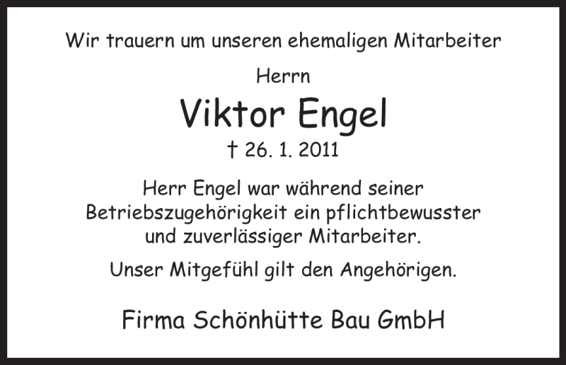  Traueranzeige für Viktor Engel vom 29.01.2011 aus HNA