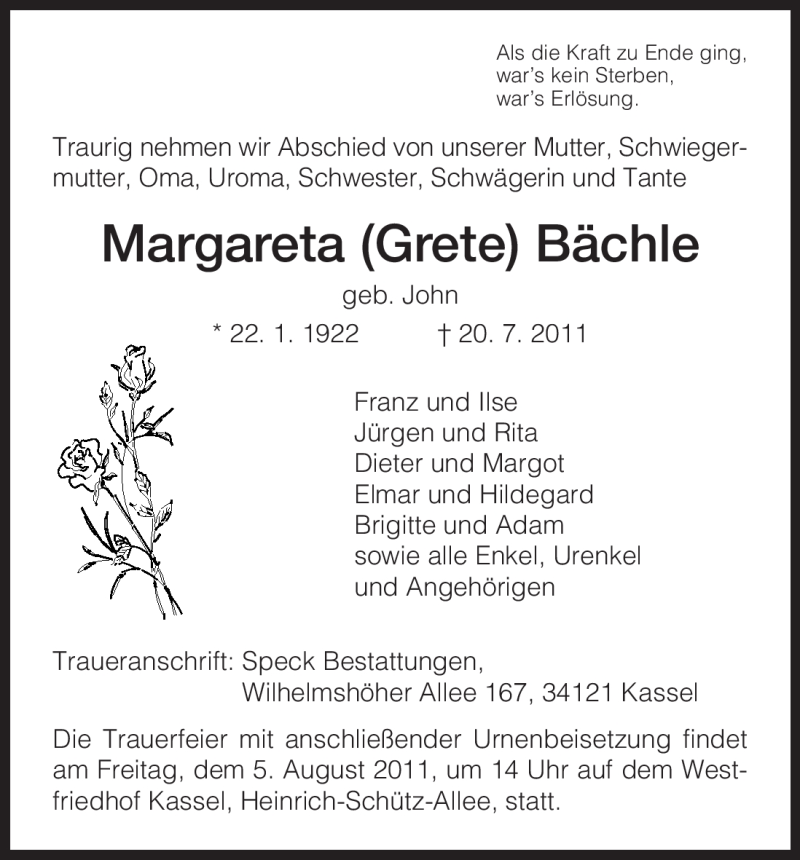  Traueranzeige für Margareta Bächle vom 30.07.2011 aus HNA