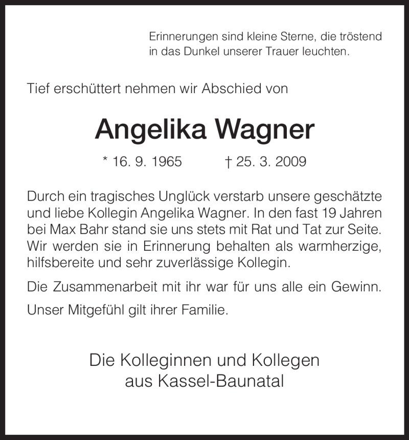  Traueranzeige für Angelika Wagner vom 28.03.2009 aus HNA