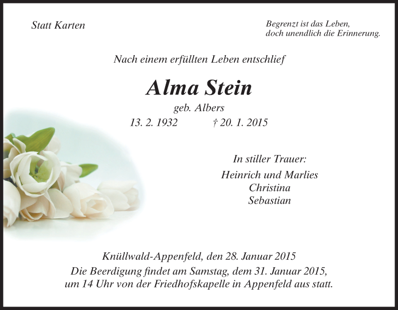  Traueranzeige für Alma Stein vom 28.01.2015 aus HNA