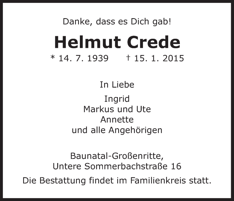  Traueranzeige für Helmut Crede vom 19.01.2015 aus HNA