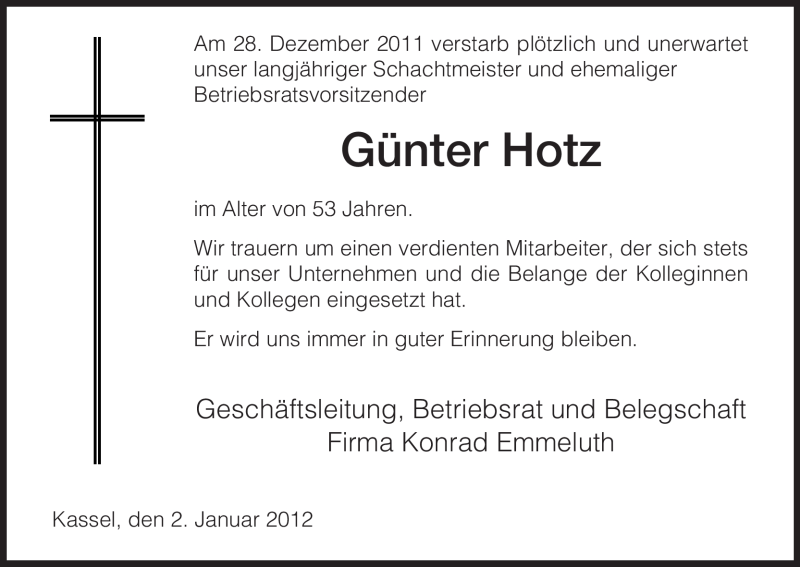  Traueranzeige für Günter Hotz vom 02.01.2012 aus HNA