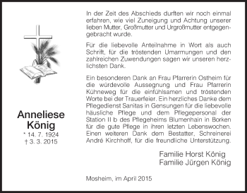 Traueranzeige von Anneliese König von HNA