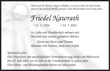 Traueranzeige von Friedel Nawrath von HNA