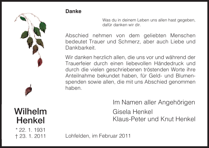  Traueranzeige für Wilhelm Henkel vom 12.02.2011 aus HNA