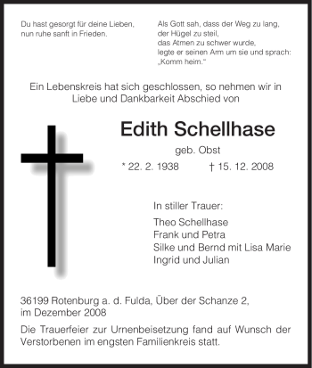 Traueranzeige von Edith Schellhase von HNA
