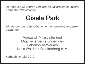 Traueranzeige von Gisela Park von HNA