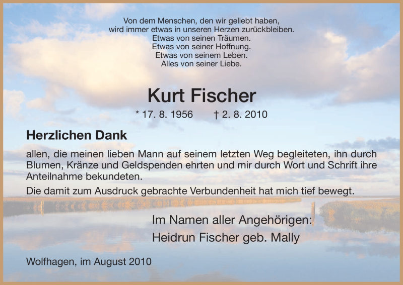  Traueranzeige für Kurt Fischer vom 21.08.2010 aus HNA