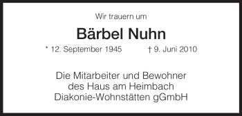 Traueranzeige von Bärbel Nuhn von HNA