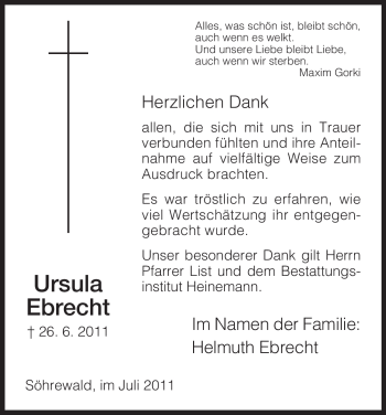Traueranzeige von Ursula Ebrecht von HNA