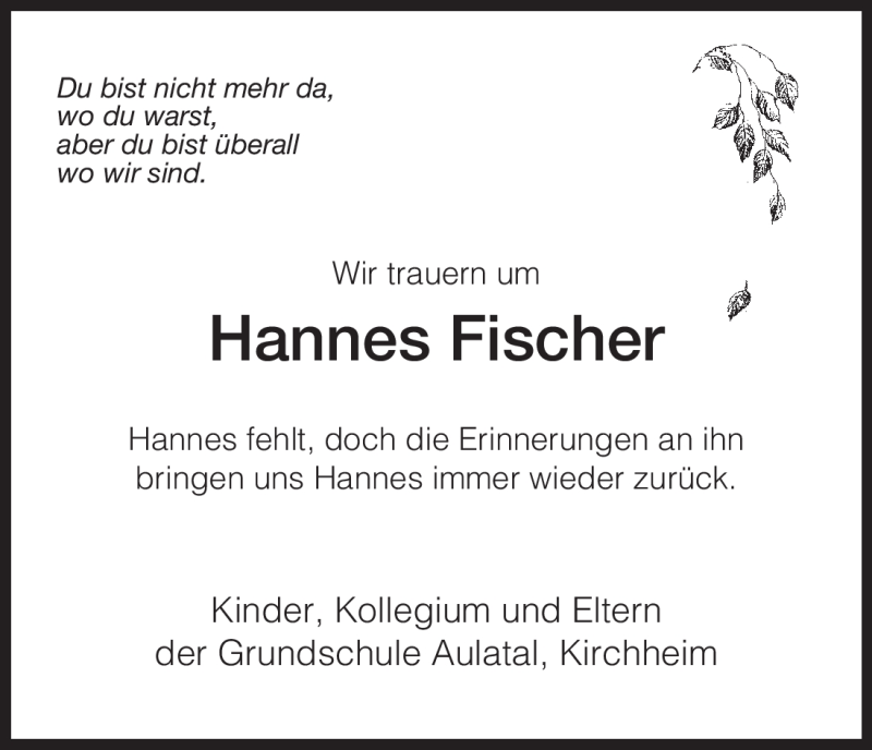  Traueranzeige für Hannes Fischer vom 26.11.2009 aus HNA