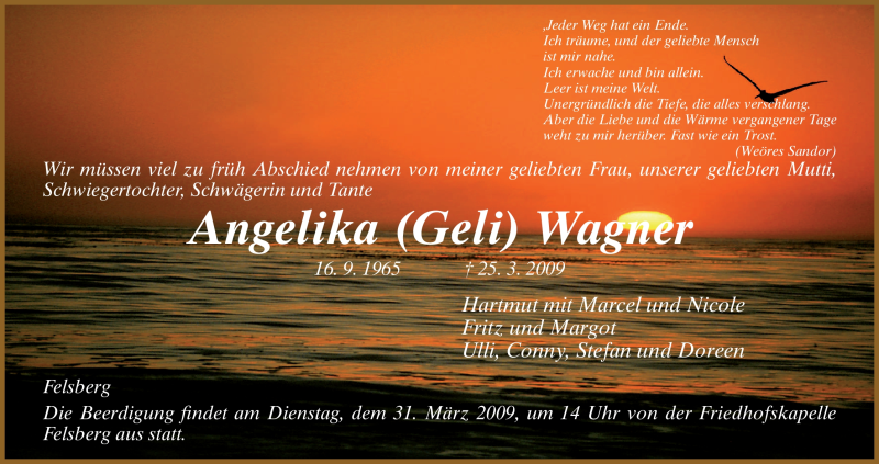  Traueranzeige für Angelika Wagner vom 28.03.2009 aus HNA