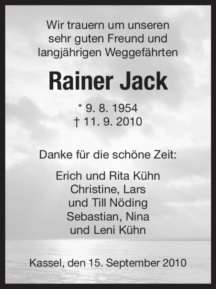  Traueranzeige für Rainer Jack vom 15.09.2010 aus HNA