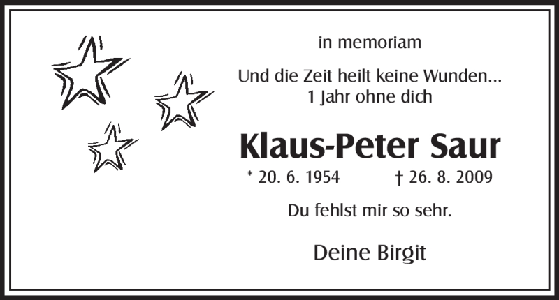  Traueranzeige für Klaus-Peter Saur vom 26.08.2010 aus HNA