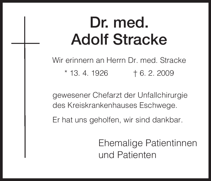  Traueranzeige für Adolf Stracke vom 07.03.2009 aus HNA