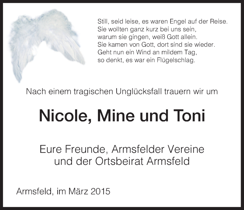  Traueranzeige für Nicole, Mine und Toni  vom 06.03.2015 aus HNA