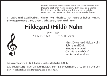 Traueranzeige von Hildegard Nuhn von HNA