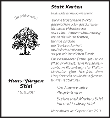 Traueranzeige von Hans-Jürgen Stiel von HNA