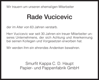 Traueranzeige von Rade Vucicevic von HNA