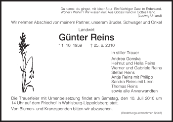Traueranzeige von Günter Reins von HNA