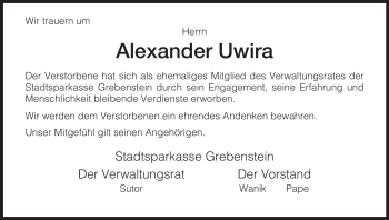 Traueranzeige von Alexander Uwira von HNA