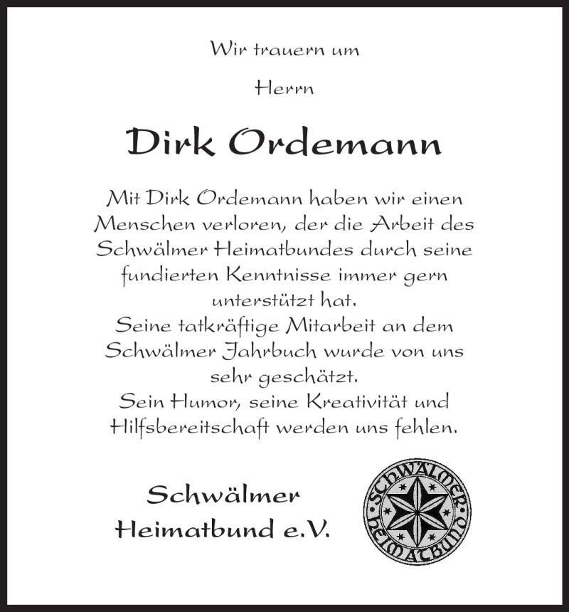  Traueranzeige für Dirk Ordemann vom 26.01.2010 aus HNA