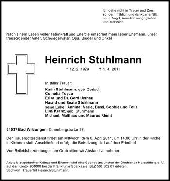 Traueranzeige von Heinrich Stuhlmann von HNA