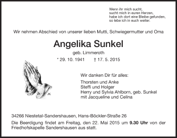 Traueranzeige von Angelika Sunkel von HNA