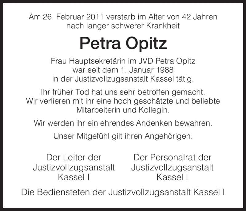  Traueranzeige für Petra Opitz vom 05.03.2011 aus HNA