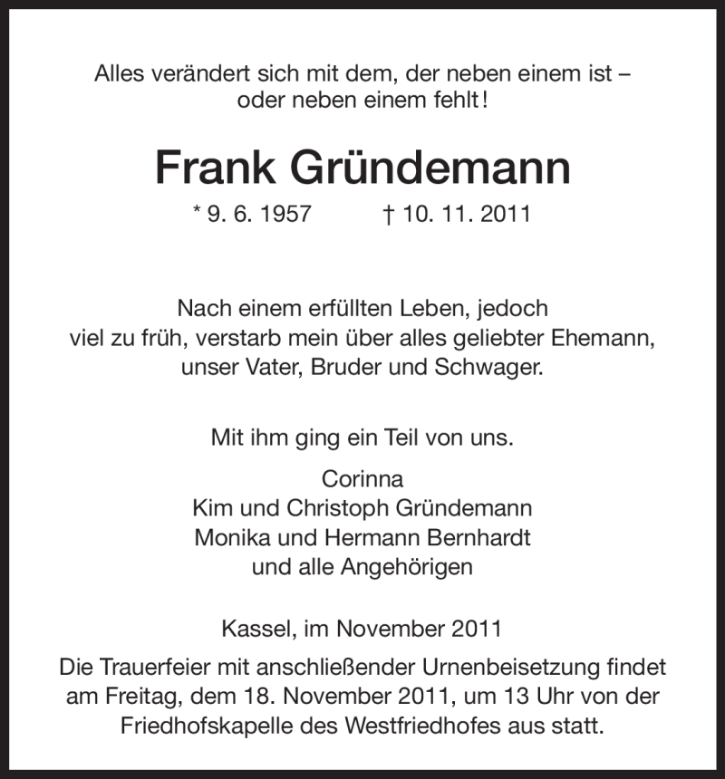  Traueranzeige für Frank Gründemann vom 16.11.2011 aus HNA