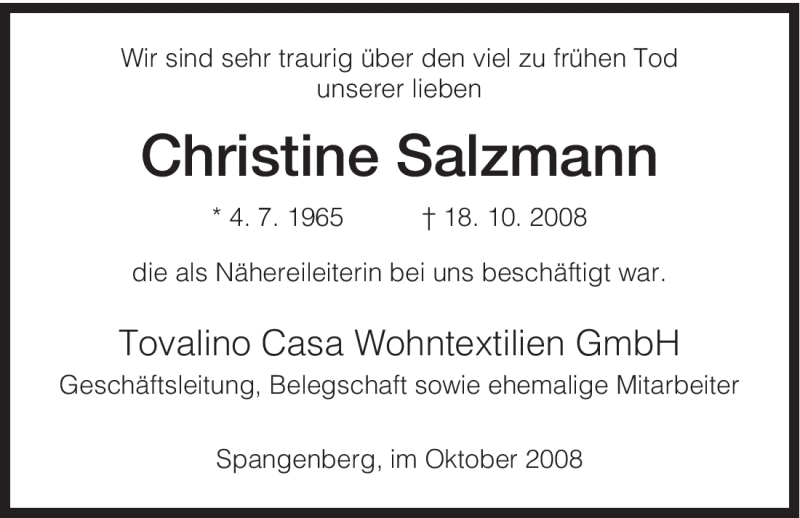  Traueranzeige für Christine Salzmann vom 30.10.2008 aus HNA