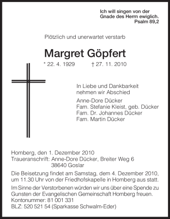 Traueranzeige von Margret Göpfert von HNA