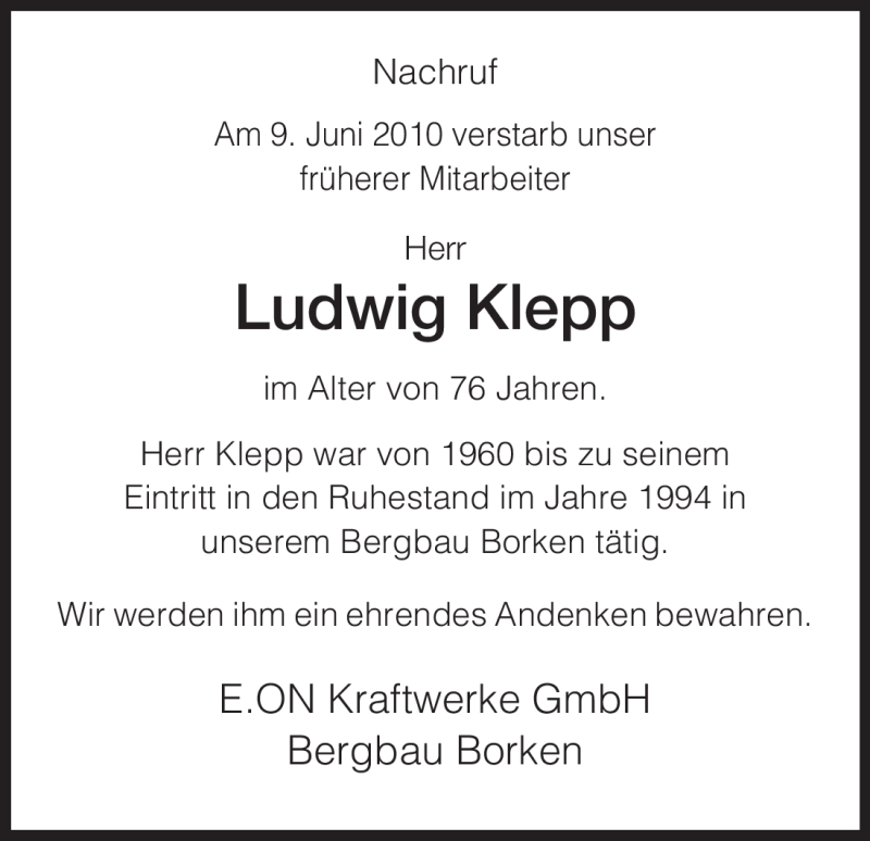  Traueranzeige für Ludwig Klepp vom 17.06.2010 aus HNA
