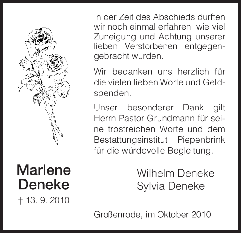  Traueranzeige für Marlene Deneke vom 09.10.2010 aus HNA