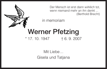 Traueranzeige von Werner Pfetzing von HNA